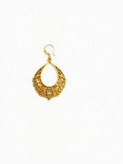 Gold earring with intricate design and elegant finish on white background, precious, accessory