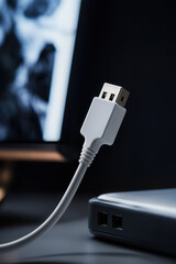 White USB Cable Connector Plugging Into Modern Device Port For Data Transfer Technology Network Connection Communication Interface Digital World Online Access