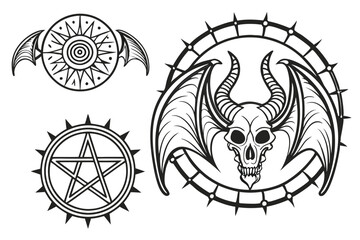 Dark fantasy tattoo designs, biomechanical elements, gothic symbolism, intricate line art, skeletal structures, demonic wings, tribal patterns, occult symbols, symmetrical compositions, thorny vines, 