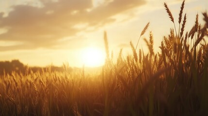 Fototapeta premium Panoramic wheat field under a golden sunset highlighting the beauty of nature's harvest at dusk