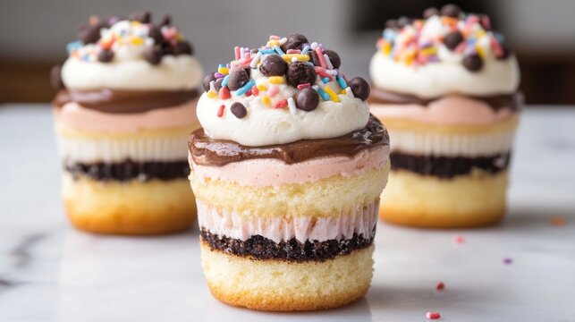 Layered birthday cupcakes with rich frosting and colorful sprinkles celebrating sweet moments of joy and special occasions
