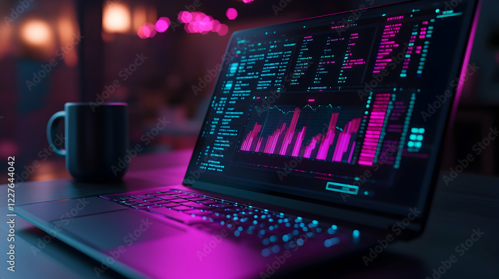 Poster neon-lit laptop displaying website analytics data with vibrant colors