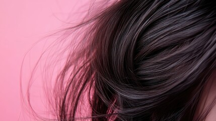 Naklejka premium Macro Shot of Glossy Human Hair Against Soft Pink Background Emphasizing Clean Beauty and Hair Care Concepts