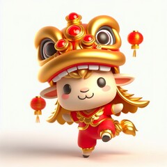 Fototapeta premium 3D Adorable cartoon gold red goat in a lion dance costume, white background