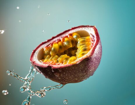 fresh passion fruit slice mid air showcasing vibrant colors and unique texture delightful representation of tropical fruit