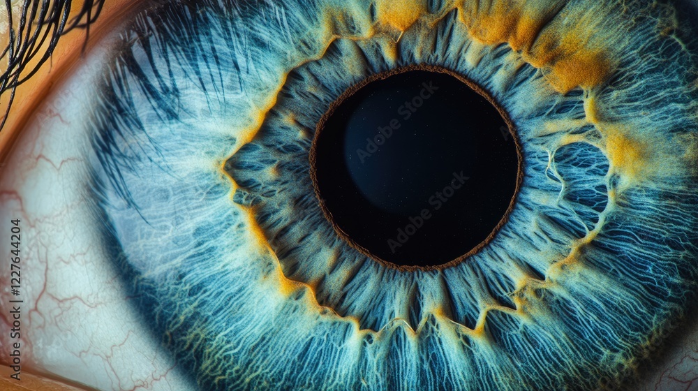 Poster macro shot of a detailed blue human eye showcasing intricate patterns and structures with ample spac