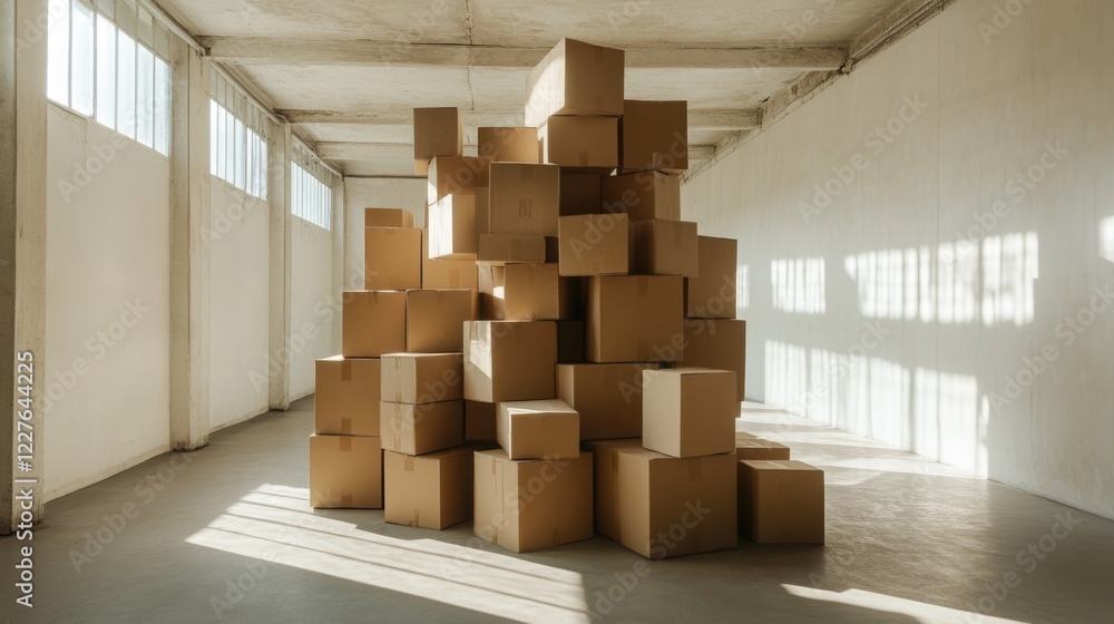 Poster cardboard boxes stacked in a spacious empty room illuminated by natural light creating a minimalist 