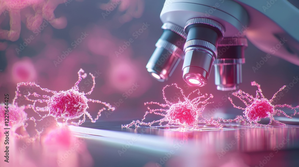 Poster futuristic microscope analyzing glowing microorganisms in a laboratory setting