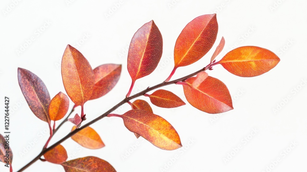 Aufkleber macro shot of shrub branch featuring vibrant red and orange autumn leaves isolated on white with amp