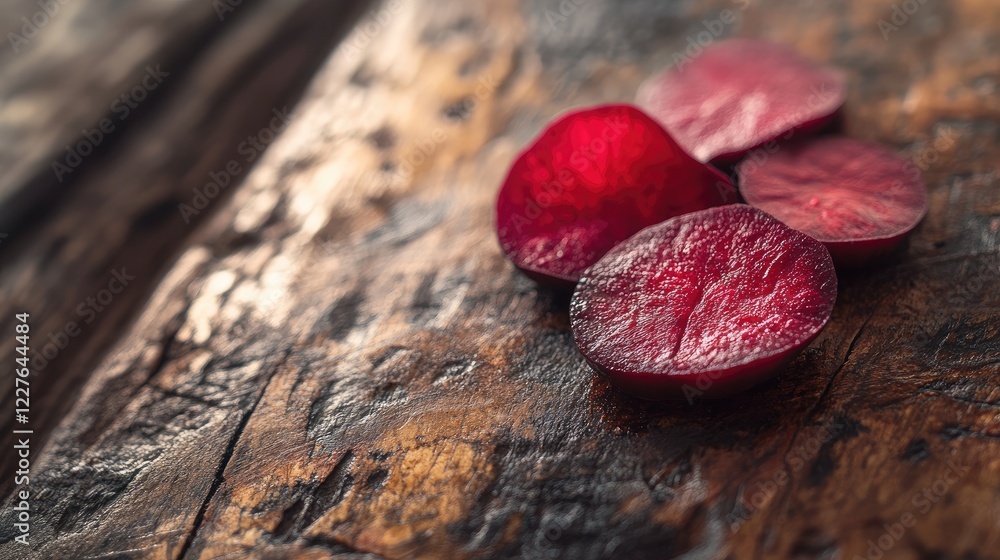 Poster sliced red beetroot on a rustic wooden table highlighting its vibrant color and texture in a macro p
