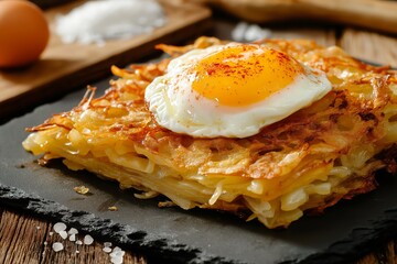 This delicious Rosti, a Swiss potato dish, is topped with a perfectly cooked egg. Ideal for breakfast or brunch, it's crispy and satisfying.