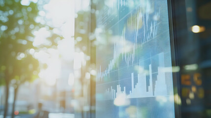 Fototapeta premium Financial data on a glass wall with a blurred cityscape, pastel colors, and cinematic lighting.