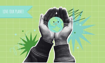  Hands Holding Smiling Earth with Love Our Planet Message