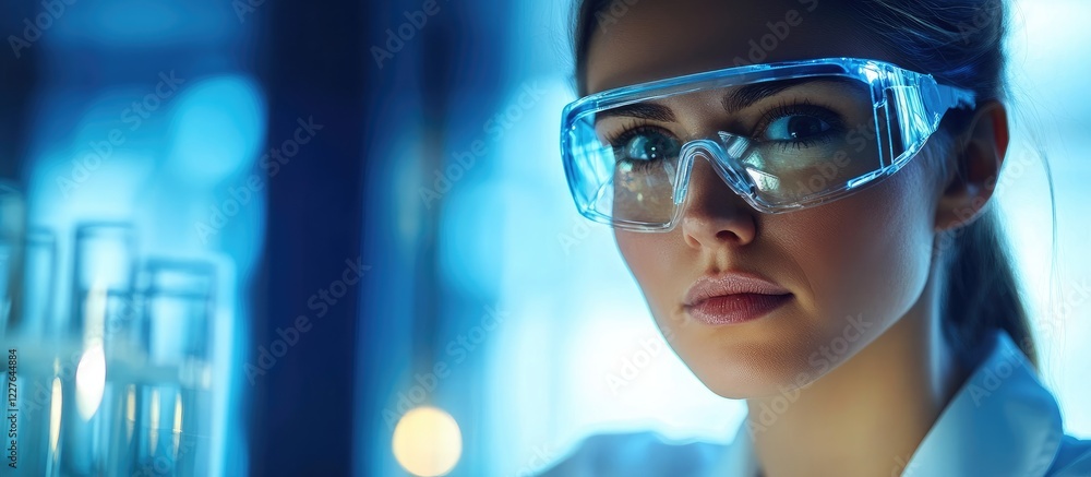 Poster female engineer in virtual reality glasses analyzing production line blueprint on computer software 
