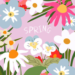 Hello Spring vector greeting card. Hand-drawn banner for decoration Spring events, Mother's Day, Easter. Beautiful Spring poster with abstract flowers. Floral art design © luamor