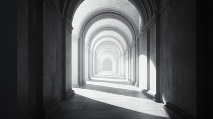 Fototapeta premium Serene Endless Hallway with Architectural Arches and Soft Lighting Representing Memories and Reflection
