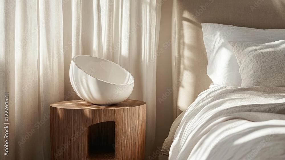 Poster minimalist white lamp on a wooden bedside table with soft curtains and textured bedding creating a s