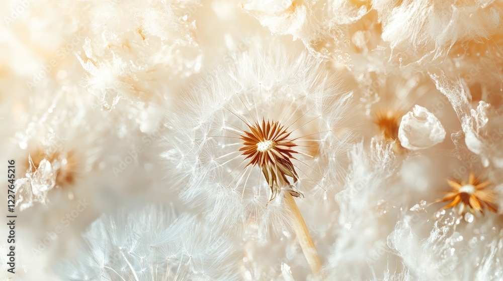 Aufkleber close-up macro of a delicate white dandelion seed head in soft summer light creating a serene and na