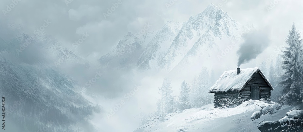 Poster snowy mountain landscape featuring a rustic hut, surrounded by towering peaks and an expansive sky f