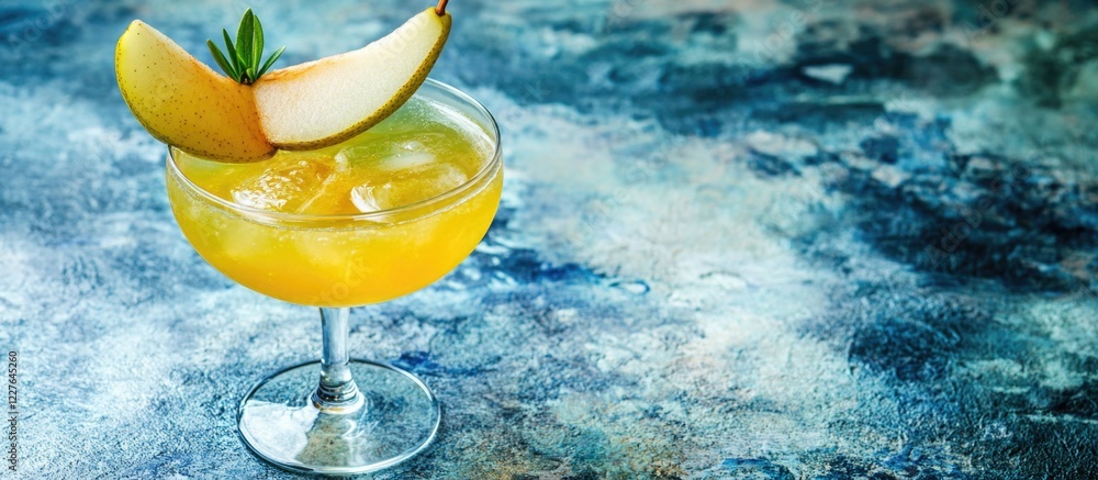 Aufkleber pear cocktail with vodka gin and aperol garnished with fresh pear slices on a textured blue backgrou