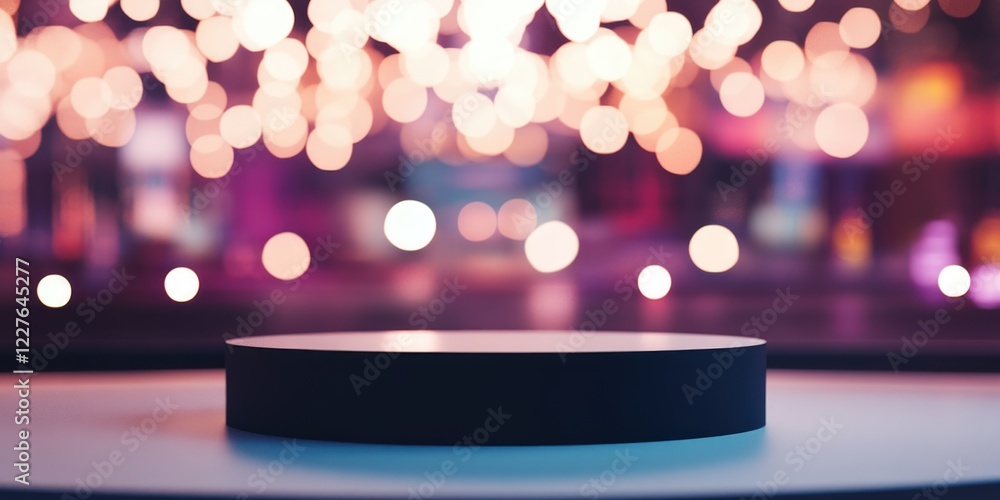 Poster empty podium on stage for award ceremony with blurred bokeh background showcasing products and ample