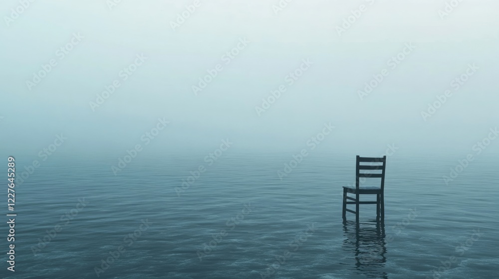 Poster ethereal scene of a solitary chair in calm waters merging with fog creating a serene and contemplati