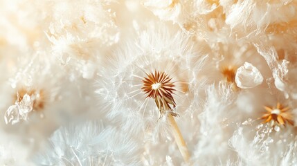 Close-up macro of a delicate white dandelion seed head in soft summer light creating a serene and natural floral atmosphere.