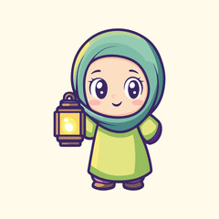 Cute Girl Moslem Holding Lantern Holding vector illustration 