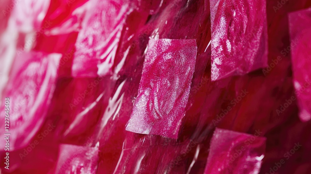 Poster macro close-up of vibrant pink fresh prints on glossy red tape showcasing texture and color contrast