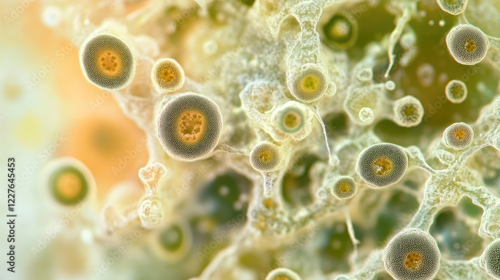 Poster microscopic view of colorful macro fungi and mold highlighting intricate details in a forest ecosyst