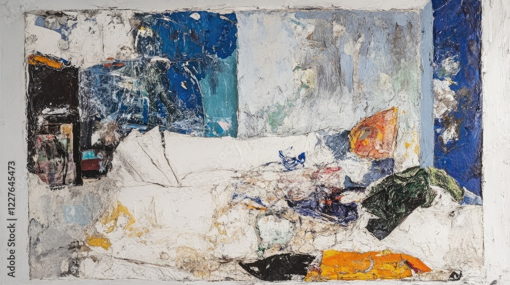 Poster abstract representation of a modern living room featuring a white sofa amidst an array of colors and