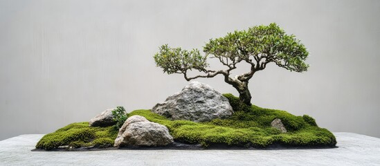 Zen garden composition with rocks moss and pruned trees on serene background ideal for text overlay and mindfulness themes