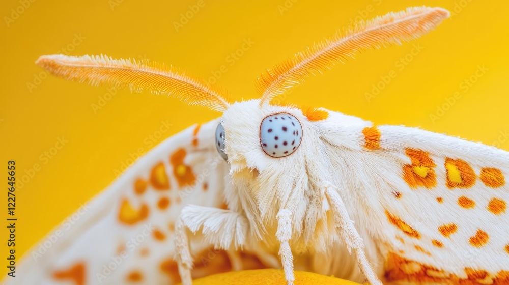 Poster close-up of a white moth displaying vibrant orange patterns against a bright yellow background highl