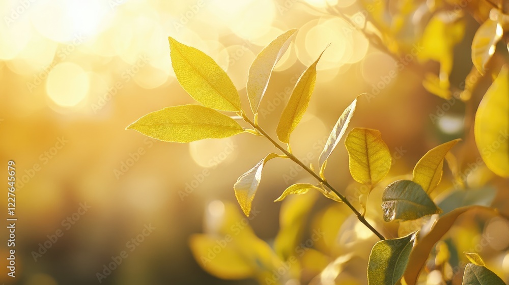 Poster lemon tree leaves illuminated by sunlight with a soft bokeh background capturing the essence of a se