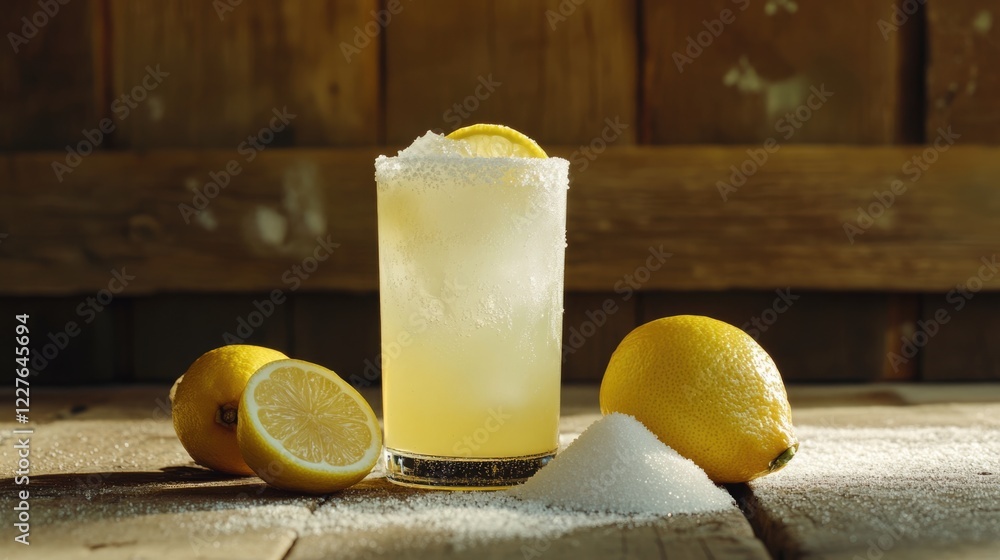 Poster refreshing lemonade with lemons and sugar on a rustic wooden table creating a summery atmosphere per