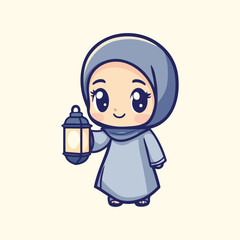 Cute Girl Moslem Holding Lantern Holding vector illustration 