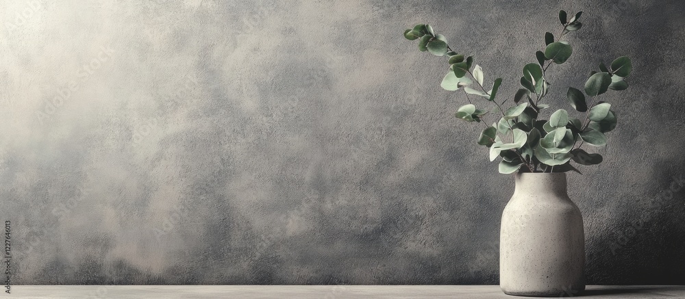 Poster minimalist concrete vase with eucalyptus branch on textured background and ample blank space for des