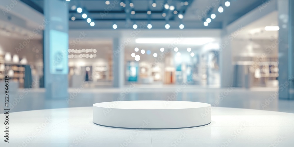 Poster empty podium on stage in modern retail store with blurred bokeh background for showcasing products a
