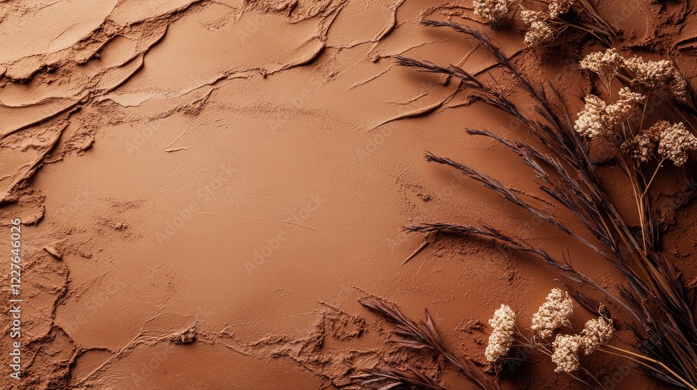 Poster natural clay texture background with dried flowers creating a serene ecological atmosphere and ample