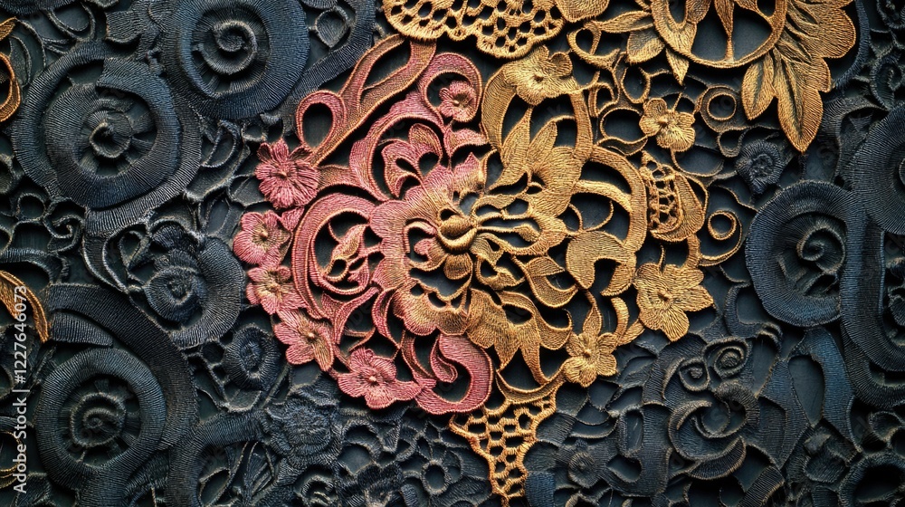 Poster delicate vintage lace texture with intricate floral patterns in warm tones on a dark background for 
