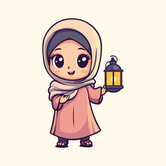 Cute Girl Moslem Holding Lantern Holding vector illustration 