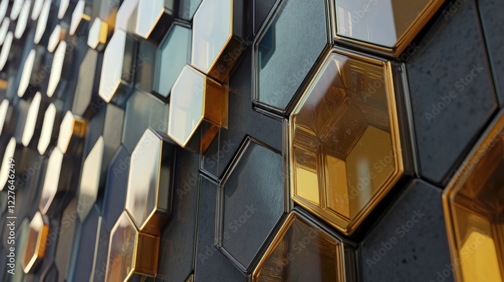 Poster hexagonal pattern facade design with glossy tiles and contemporary aesthetic for modern architecture