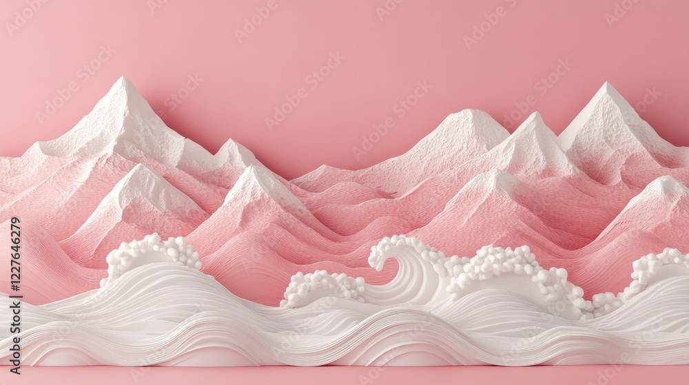 Aufkleber textured macaroni mountains with flowing waves against soft pink background in artistic three-dimens