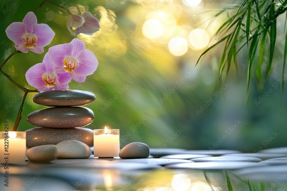 Poster tranquil spa setting with orchids, candles, and smooth stones amidst a serene nature backdrop
