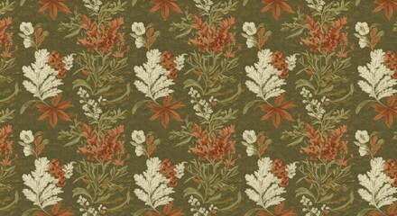 A botanical-inspired floral fabric pattern with muted tones of olive green, terracotta, and cream.