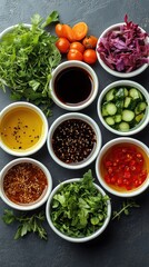 Various fresh vegetables, herbs, and sauces are neatly arranged in small bowls on a dark countertop, showcasing preparations for a vibrant salad or dish
