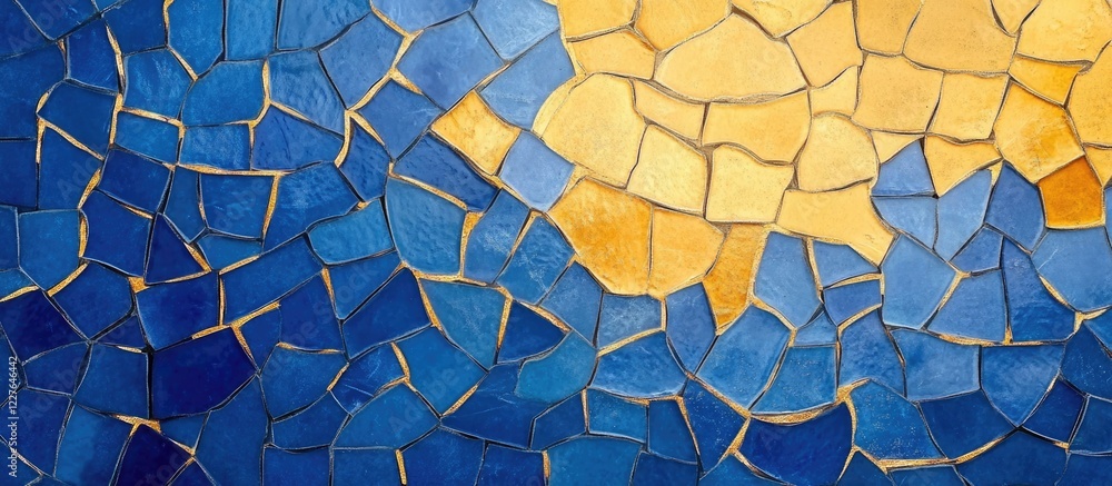 Poster mosaic background with vibrant blue and gold tiles offering a blank space for customizable text and 