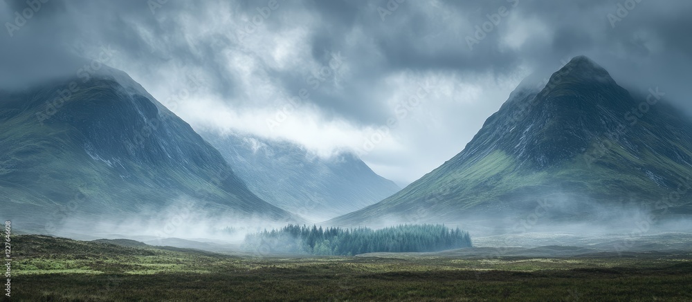 Poster misty mountains under an overcast sky with fog creating a serene landscape for text placement and ar