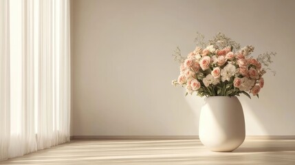 Elegant flower bouquet in a large vase showcasing minimalist living room interior with natural light and soft, neutral tones.