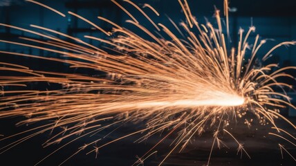 Dynamic sparks flying from a metalworking process. The vibrant orange glows against a dark, industrial backdrop, creating an energetic atmosphere.